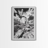 Windmill Hill, Dramatic Sky Art, European Landscape, Framed Canvas Print, Entryway Wall Art, Rustic Decor, Monochrome Photography
