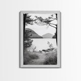 Forest Lake, Mountain View, Peaceful Trail, Framed Canvas Print, Cabin Decor, Fall Landscape, Living Room Art, Tranquil Nature Print