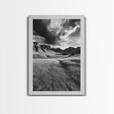Mountain Valley, Stormy Sky, Western Landscape, Framed Canvas Print, Office Wall Art, Moody Nature Decor, Fall Art, Wilderness Style