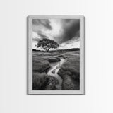 Solitary Tree, Storm Sky, Tranquil Meadow, Nature Landscape, Framed Canvas Print, Rustic Decor, Fall Wall Art, Bedroom Minimalist Art