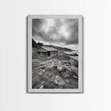 Abandoned Cabin, Coastal Cliff, Moody Landscape, Autumn Wall Art, Framed Canvas Print, Living Room Rustic Art, Farmhouse Aesthetic