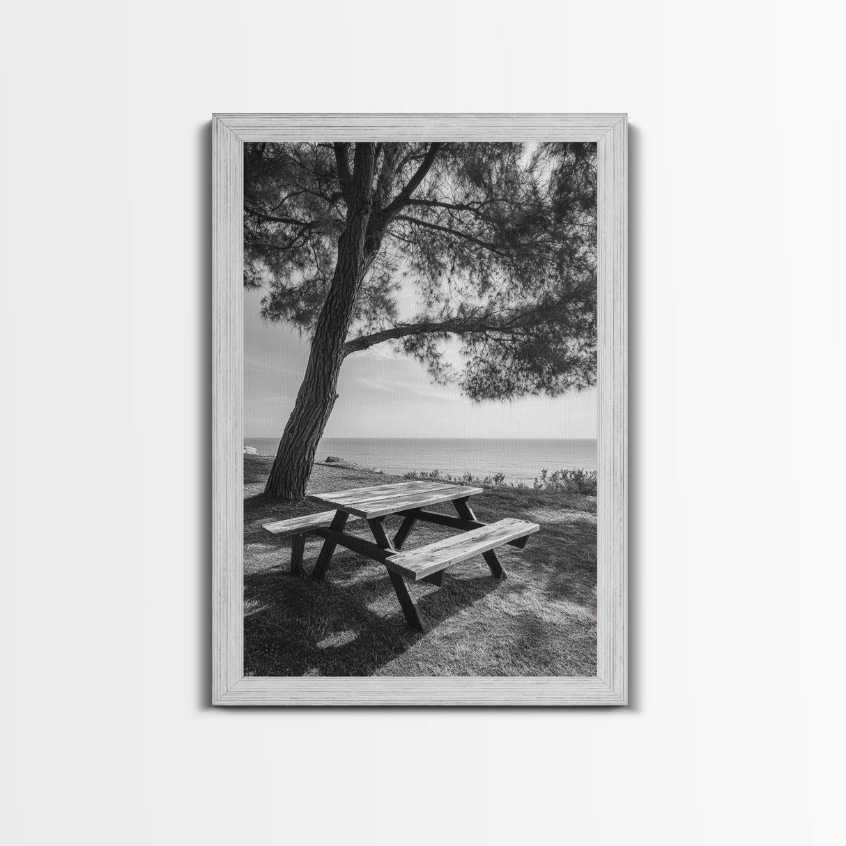 Seaside Bench, Peaceful Escape, Shaded Picnic, Canvas Print, nature photography, coastal wall art, relaxing ocean decor, Minimalist Decor
