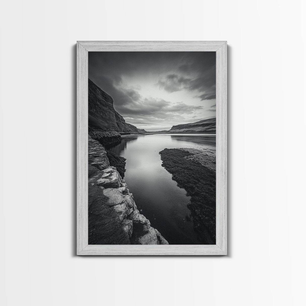 River Gorge, Twilight Reflections, Cliffside Calm, Canvas Print, Moody Black White Wall Art, Bedroom or Office Decor, Dramatic Landscape