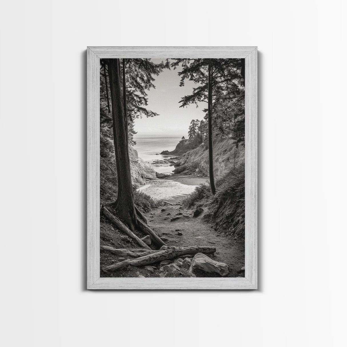 orest Cove, Ocean View, Pacific Trail, Framed Canvas Print, Coastal Nature Wall Art, Entryway Decor, Earthy Minimalist Photography