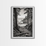 orest Cove, Ocean View, Pacific Trail, Framed Canvas Print, Coastal Nature Wall Art, Entryway Decor, Earthy Minimalist Photography