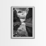 Tide Pool, Forest Reflection, Coastal Calm, Framed Canvas Print, Black White Nature Art, Bathroom or Bedroom Decor, Tranquil Scene