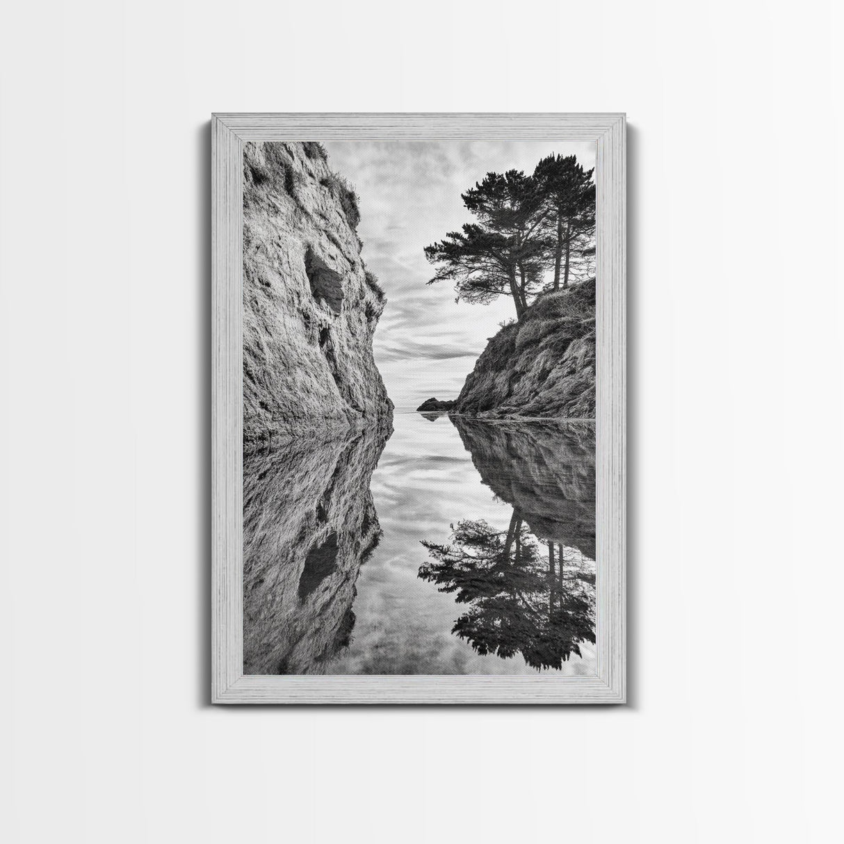 Reflected Trees, Peaceful Cove, Monochrome Seascape, Tranquil Decor, Framed Canvas Print, Zen Wall Art, Entryway Print, Coastal Calm
