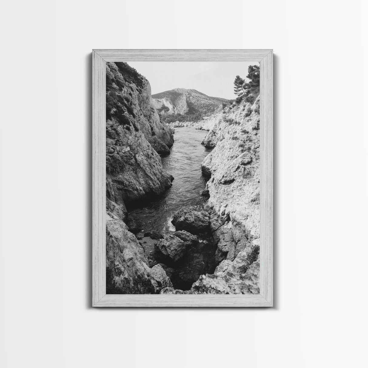 Mountain Gorge, Rugged Canyon, Flowing Stream, Wilderness Explorer, Framed Canvas Print, Cabin Wall Art, Adventurous Rustic Style