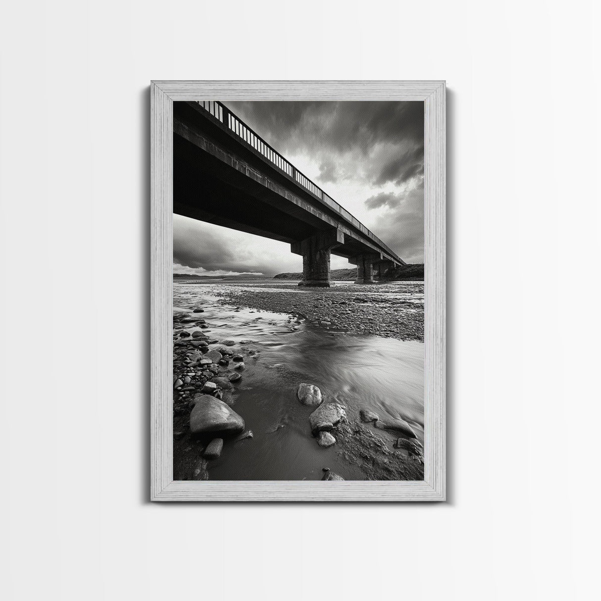 Stormy Bridge, River Rocks, Dramatic Sky, Modern Landscape, Framed Canvas Print, Moody Photography, Office Wall Art, Minimalist Decor