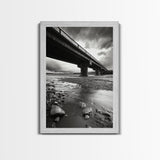 Stormy Bridge, River Rocks, Dramatic Sky, Modern Landscape, Framed Canvas Print, Moody Photography, Office Wall Art, Minimalist Decor