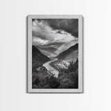Mountain Valley, Rainbow River, Forest Panorama, Cloud Drama, Framed Canvas Print, Living Room Wall Art, Tranquil Nature, Scenic Beauty