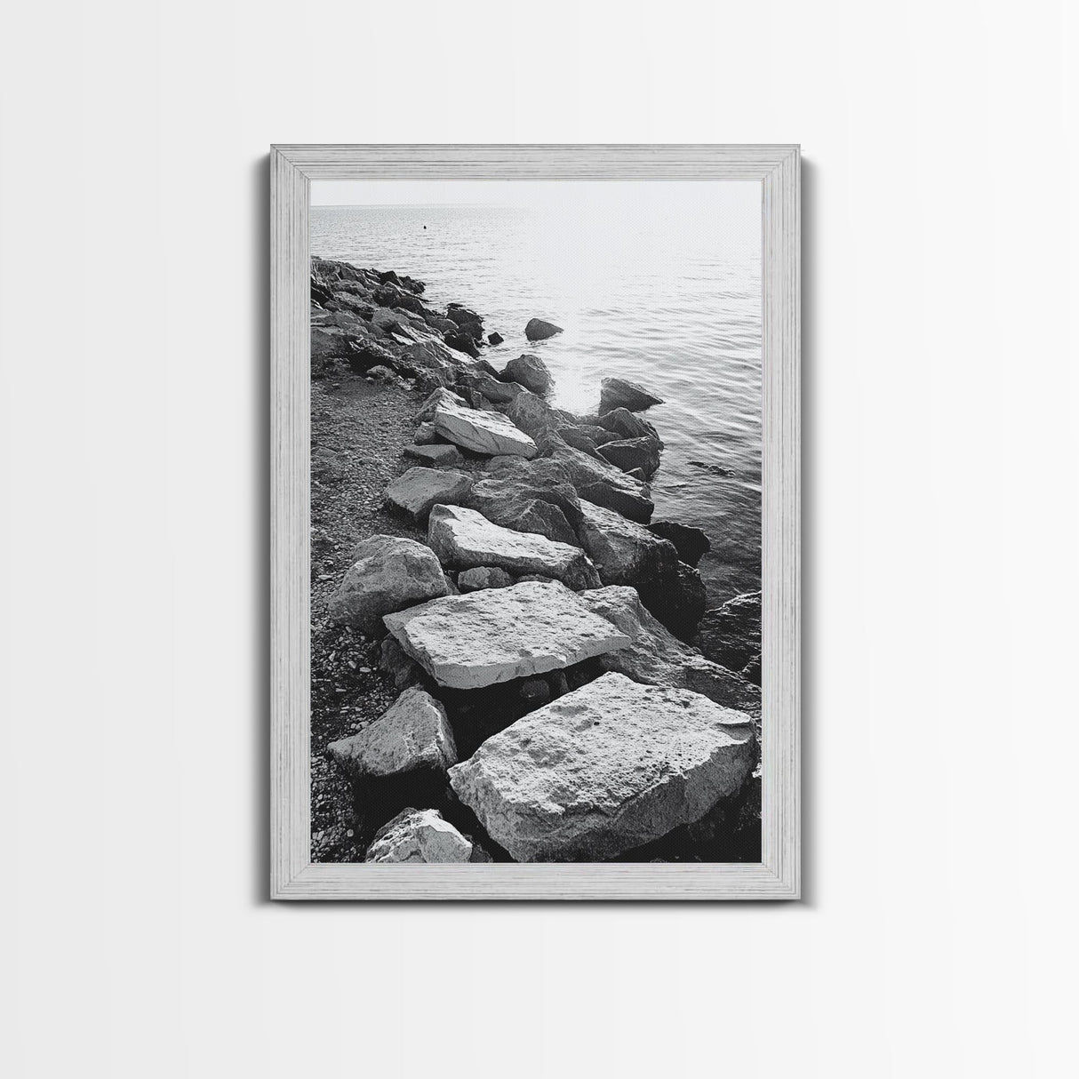 Shore Rocks, Sunlit Ocean, Rugged Texture, Minimal Horizon, Framed Canvas Print, Entryway Wall Art, Beach Decor, Neutral Tones