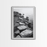 Shore Rocks, Sunlit Ocean, Rugged Texture, Minimal Horizon, Framed Canvas Print, Entryway Wall Art, Beach Decor, Neutral Tones