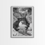 Reflective Rock Pool, Tranquil Nature, Monochrome Landscape, Black and White Framed Canvas Print, Minimalist Bathroom or Spa Wall Art