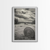 Autumn Hay Bale, Farm Field Scene, Country Landscape, Black and White Canvas Print, Rustic Kitchen or Fall Living Room Wall Art
