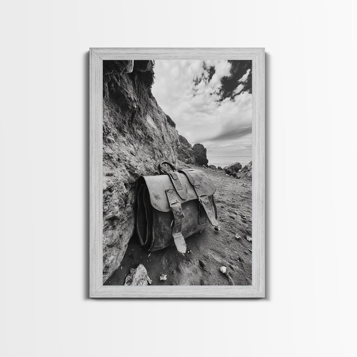 Deserted Leather Satchel, Coastal Adventure, Weathered Texture, Black and White Canvas Print, Vintage Office or Studio Wall Art