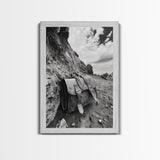 Deserted Leather Satchel, Coastal Adventure, Weathered Texture, Black and White Canvas Print, Vintage Office or Studio Wall Art