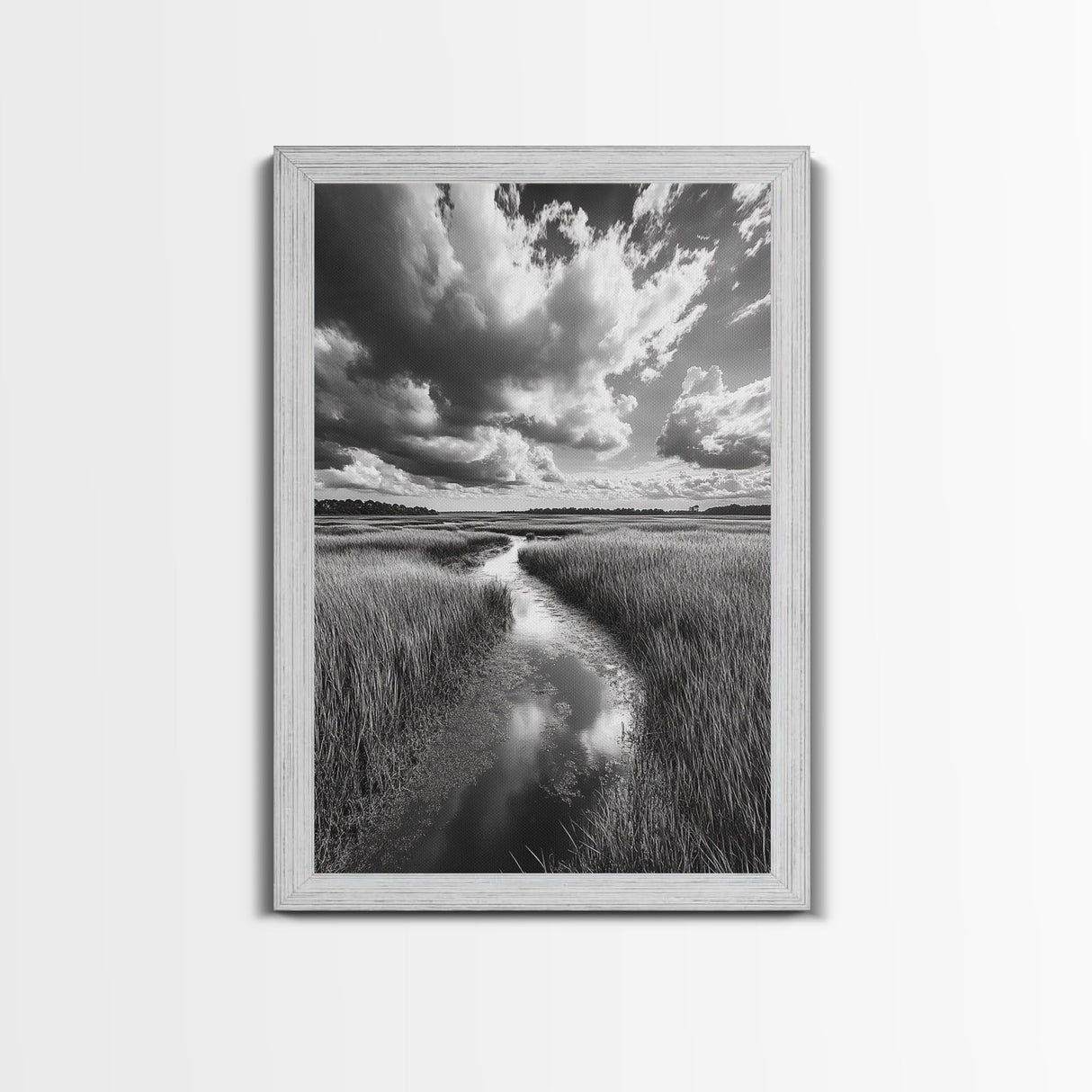 Marshland Stream, Dramatic Clouds, Nature Reflection, Canvas Print, Minimalist Landscape, Bathroom Art, Earthy Tones, Zen Mood