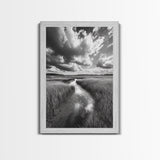 Marshland Stream, Dramatic Clouds, Nature Reflection, Canvas Print, Minimalist Landscape, Bathroom Art, Earthy Tones, Zen Mood