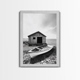 Shore Cabin, Rowboat Rest, Coastal Cabin, Serene Shoreline, Canvas Print, Lake House Wall Art, Rustic Decor, Living Room Seaside Art