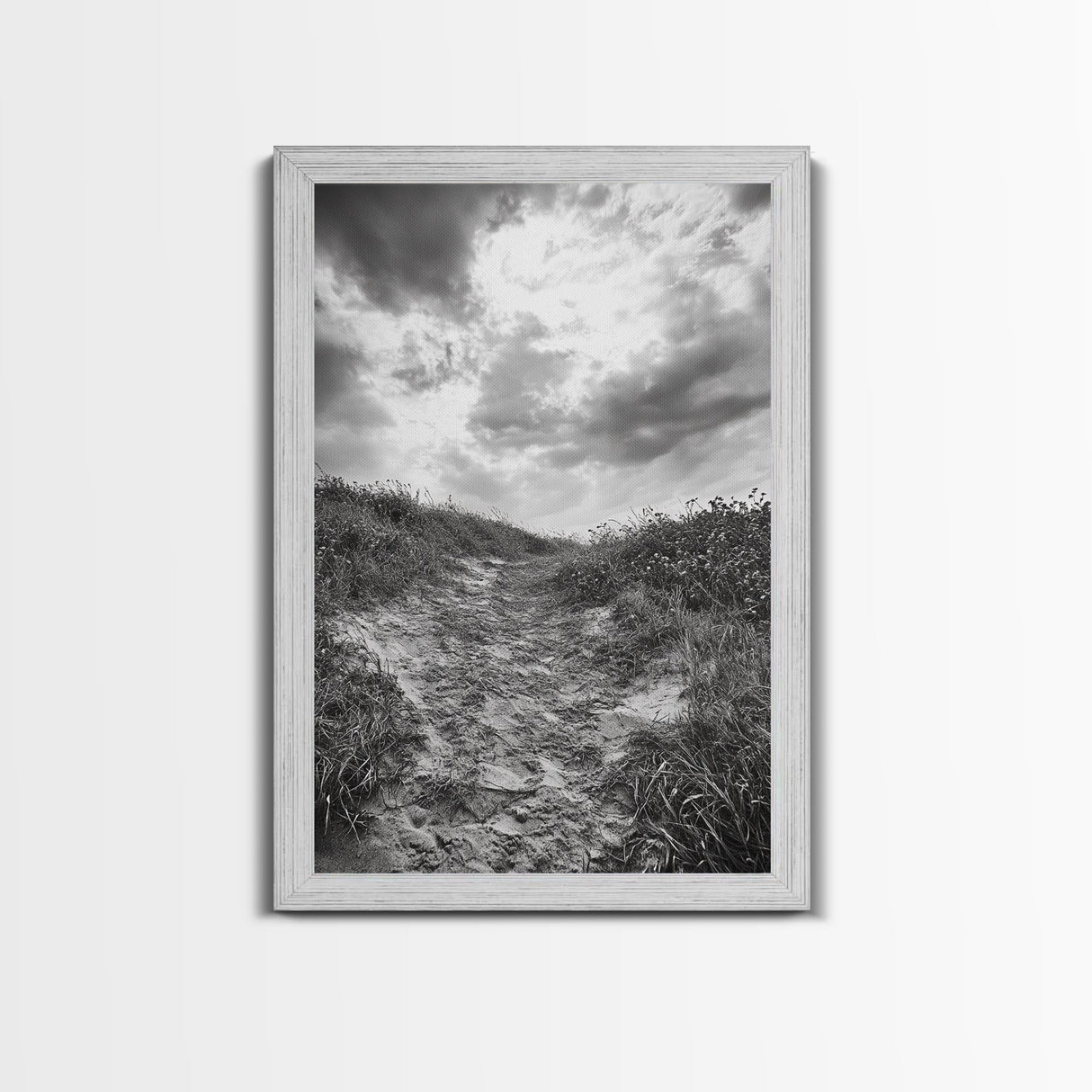 Sandy Trail, Ocean Path, Windy Grass, Moody Sky, Framed Canvas Print, coastal nature photography, hallway decor, rustic neutral art