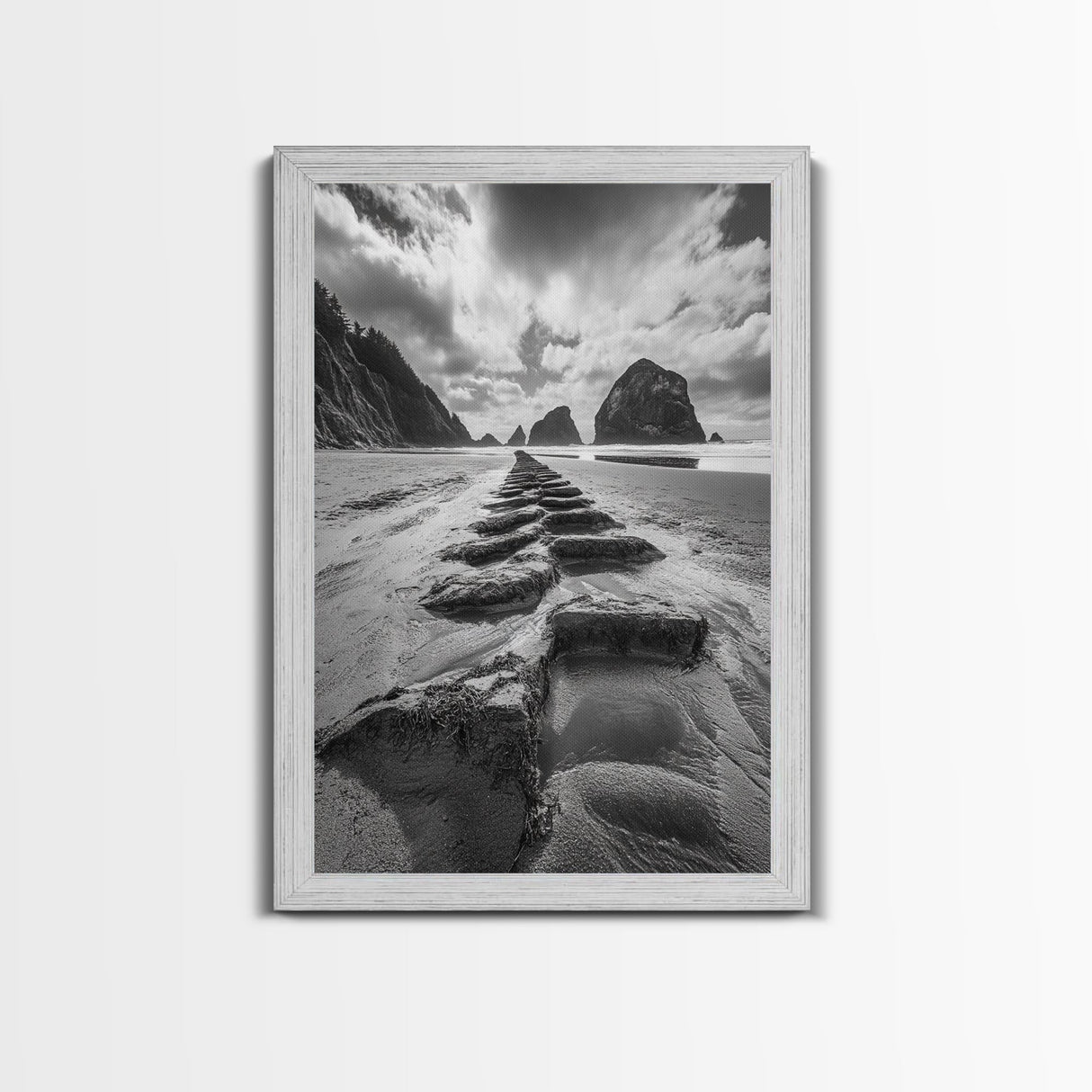 Ocean Rocks, Beach Landscape, Cloudy Sky, Rugged Coast, Canvas Print, coastal adventure wall art, living room decor, nature lover gift