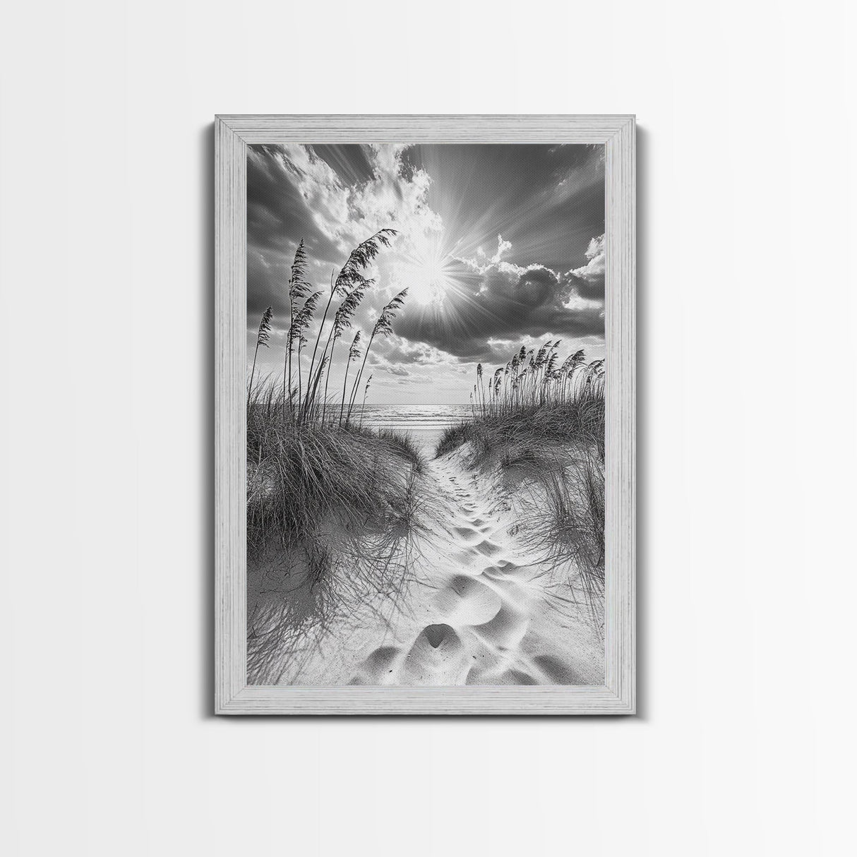 Beach Path, Seagrass Sunset, Radiant Sky, Coastal Light, Framed Canvas Print, coastal farmhouse decor, entryway art, sunshine beach scene
