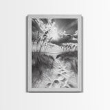 Beach Path, Seagrass Sunset, Radiant Sky, Coastal Light, Framed Canvas Print, coastal farmhouse decor, entryway art, sunshine beach scene