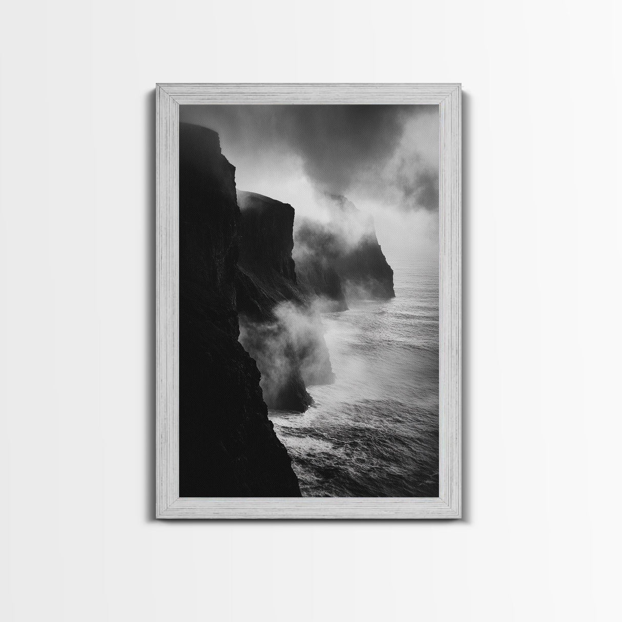 Stormy Cliffs, Ocean Fog, Monochrome Coast, Wild Nature Framed Canvas Print, moody wall art, rustic living room decor, dark aesthetic