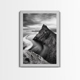 Mountain Peak, Coastal Horizon, Nature Majesty, Serene Edge Framed Canvas Print, modern landscape art, minimalist bedroom decor