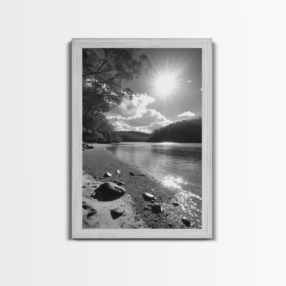 Ocean Shoreline, Serene Landscape, Coastal Photography, Canvas Print, Modern Nature Decor, Living Room Wall Art, Black and White Art