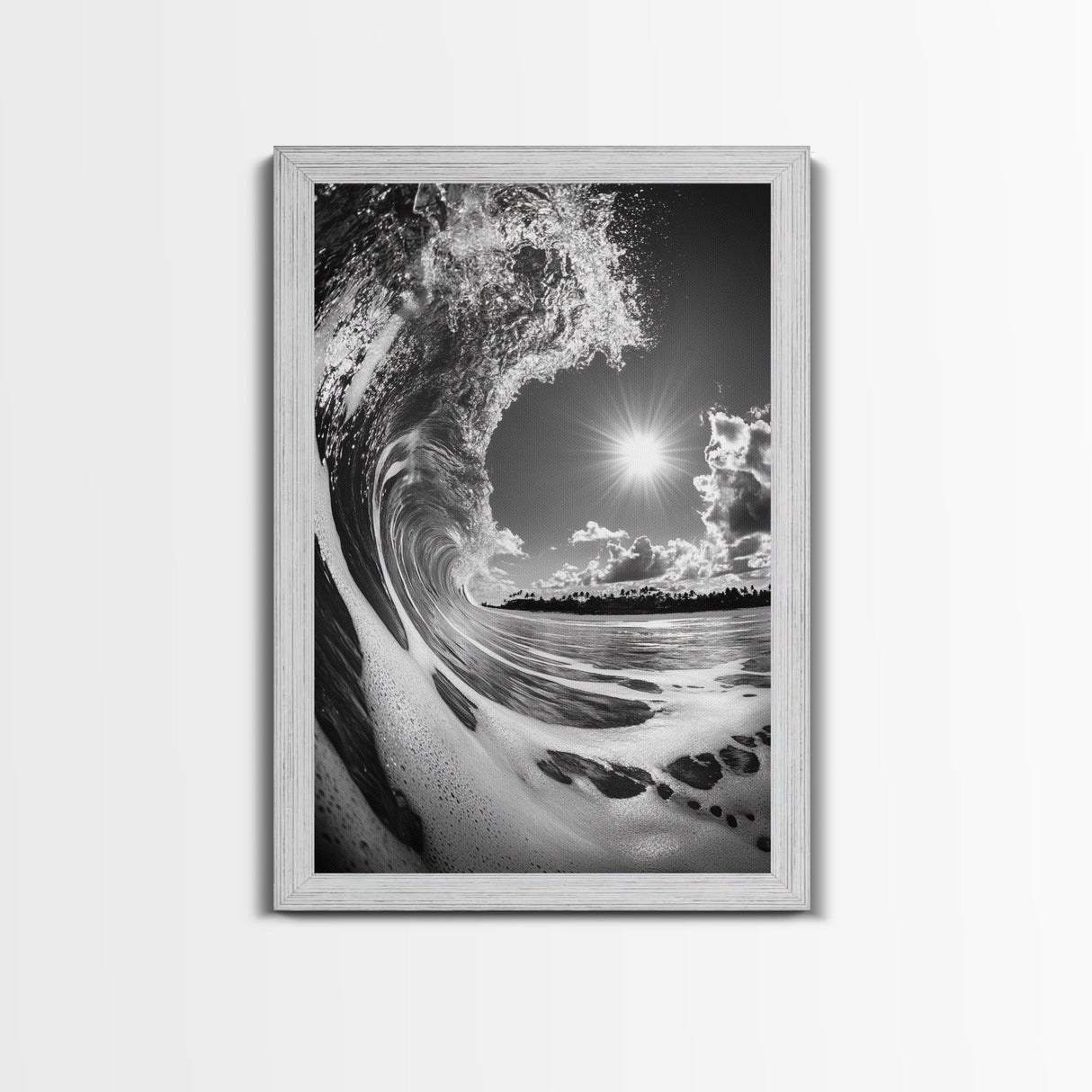 Wave Photography, Surfer Dream, Sea Curl Motion, Framed Canvas Print, Coastal Wall Art, Beach House Decor, Monochrome Ocean Style