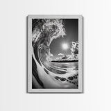Wave Photography, Surfer Dream, Sea Curl Motion, Framed Canvas Print, Coastal Wall Art, Beach House Decor, Monochrome Ocean Style