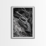 Floral Engraved Revolver, Vintage Western Gun, Cowboy Detail Shot, Canvas Print, Man Cave Art, Rustic Americana Wall Style