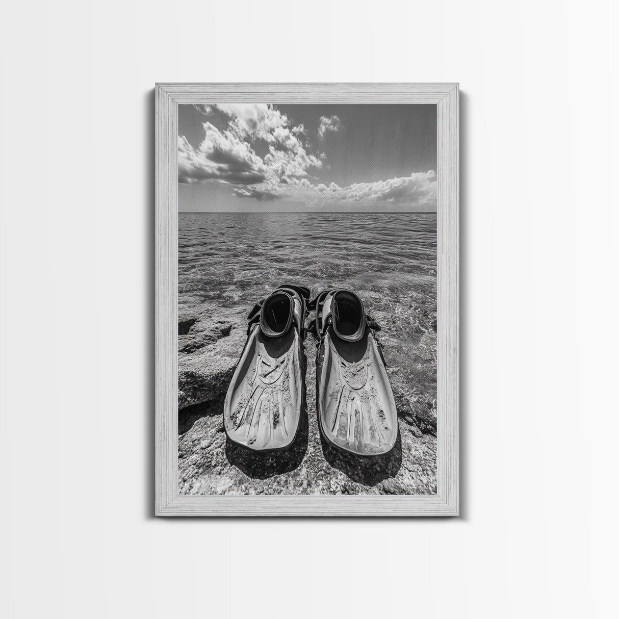 Ocean Fins, Coastal Escape, Underwater Adventure, Canvas Print, Beach Bathroom Wall Art, Nautical Photography, Black and White Decor