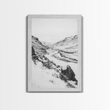 Snowy Canyon, Winter Valley, Frozen Landscape, Framed Canvas Print, Minimalist Wall Art, Neutral Living Room or Office Decor
