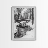 Stone Bridge, Winter Stream, Historic Pathway, Framed Canvas Print, Snowy Landscape Art, Traditional Living Room Wall Decor