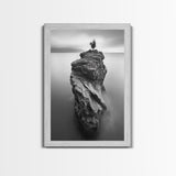 Solitary Cliff Tree, Calm Waters, Moody Horizon, Framed Canvas Print, Minimalist Nature Wall Art, Office Wall Decor, Zen Art