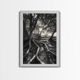 Sunlit Forest Roots, Tree Shadows, Golden Light, Framed Canvas Print, Boho Nature Wall Art, Bedroom Wall Decor, Earthy Tones