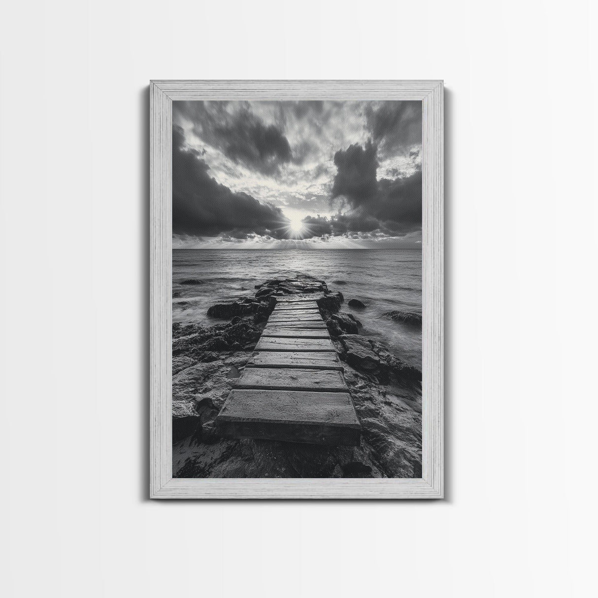 Ocean Pier Sunset, Dramatic Clouds, Seascape Pathway, Canvas Print, Coastal Living Room Art, Tranquil Decor, Minimalist Style
