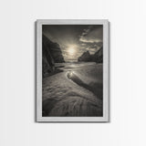 Secluded Beach, Sunset Glow, Reflected Light, Framed Canvas Print, Tranquil Ocean Wall Art, Modern Bedroom Decor, Zen Vibes
