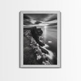 Rugged Sea Cliffs, Sunset Horizon, Serene Waters, Framed Canvas Print, Modern Nature Wall Art, Office Decor, Coastal Aesthetic