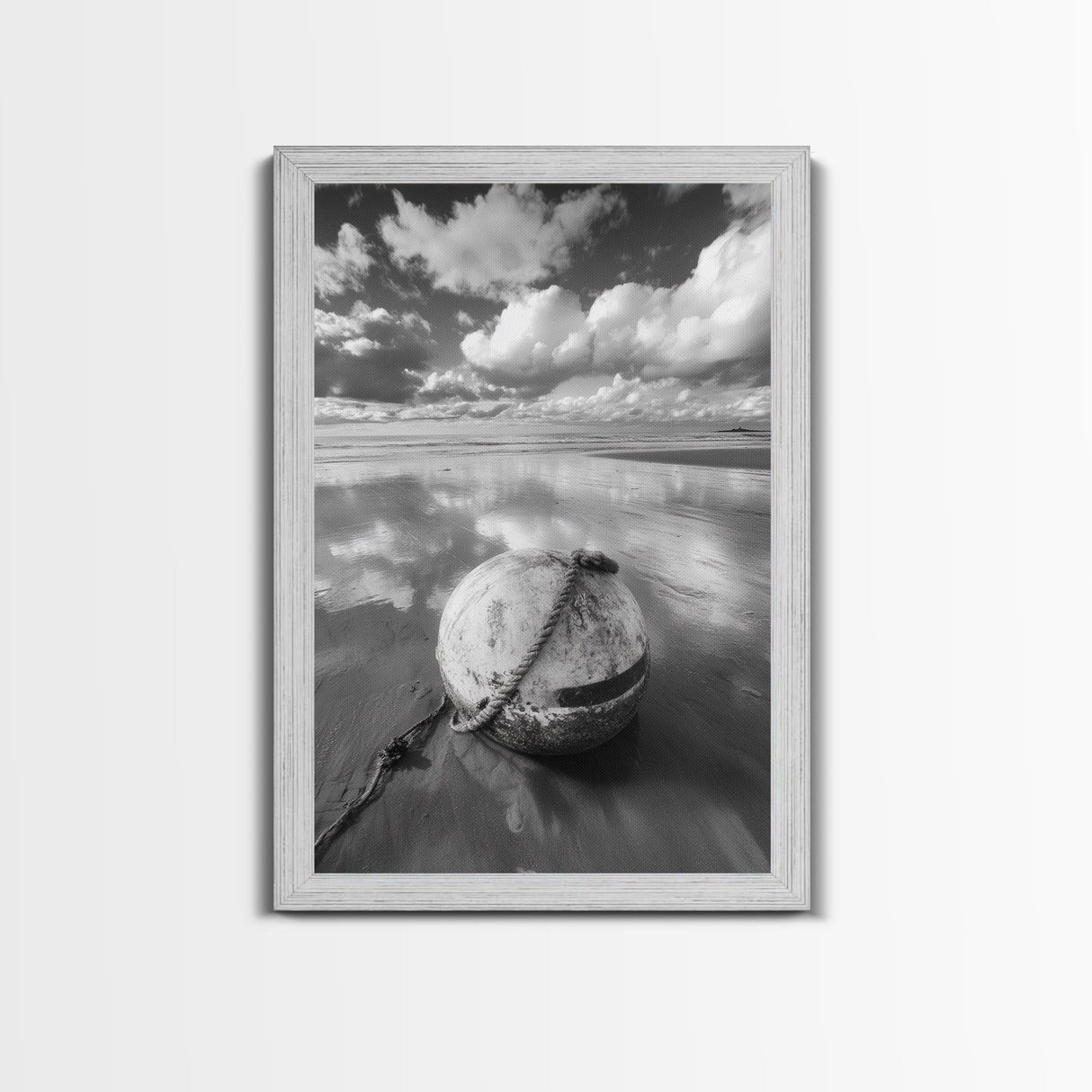 Washed buoy shore, coastal solitude, beach reflections, nautical simplicity, Framed Canvas Print, guest room art, seaside rustic wall decor
