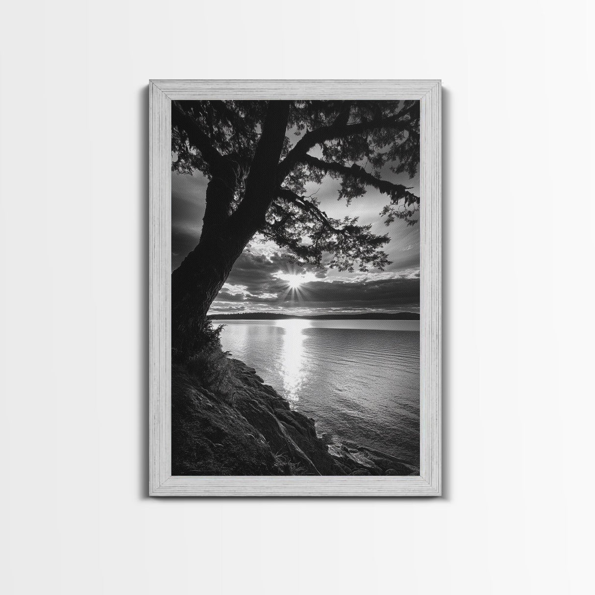 Tranquil Lake Sunset, Tree Silhouette, Calm Waters, Canvas Print, Nature Inspired Wall Art, Relaxing Bedroom Decor, Minimalist Zen