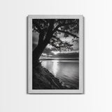 Tranquil Lake Sunset, Tree Silhouette, Calm Waters, Canvas Print, Nature Inspired Wall Art, Relaxing Bedroom Decor, Minimalist Zen