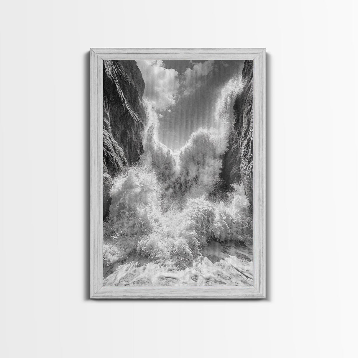 Ocean Splash, Cliff Waves, Nature Power, Dramatic Seascape, Framed Canvas Print, Living Room Statement, Black and White Wall Art