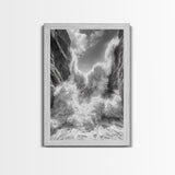 Ocean Splash, Cliff Waves, Nature Power, Dramatic Seascape, Framed Canvas Print, Living Room Statement, Black and White Wall Art
