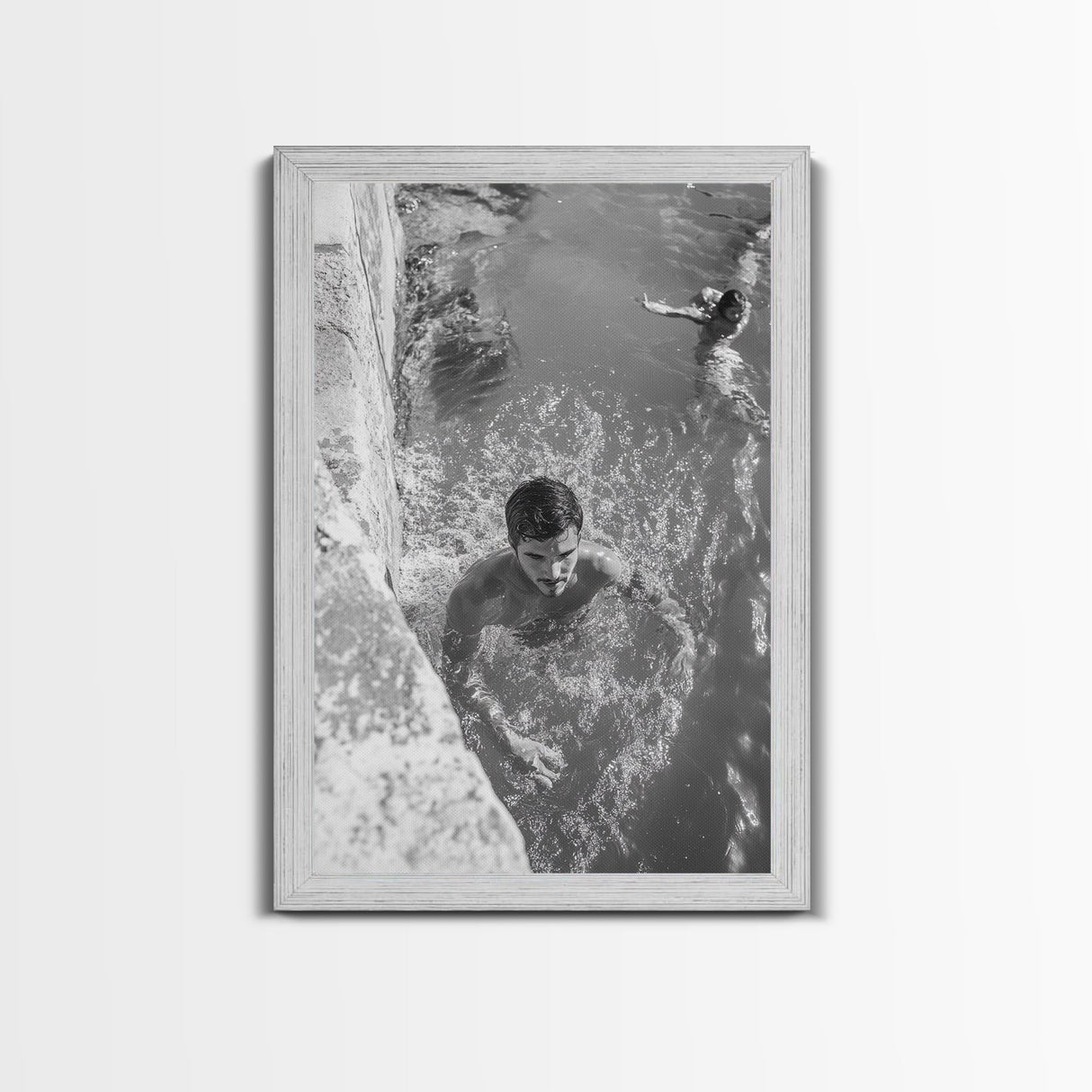 Swimmers, Summer Water, Beach Moment, Candid Photography, Framed Canvas Print, Bathroom Wall Art, Youthful Energetic Decor