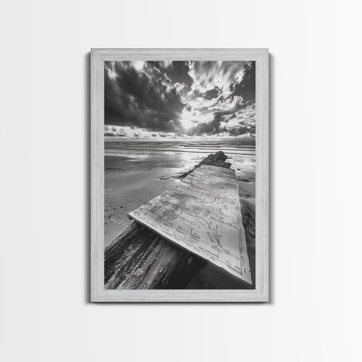 Map On Beach, Travel Adventure Art, Wanderlust Decor, Coastal Office Style, Framed Canvas Print, Explorer Aesthetic, Black White Scene