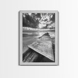Map On Beach, Travel Adventure Art, Wanderlust Decor, Coastal Office Style, Framed Canvas Print, Explorer Aesthetic, Black White Scene